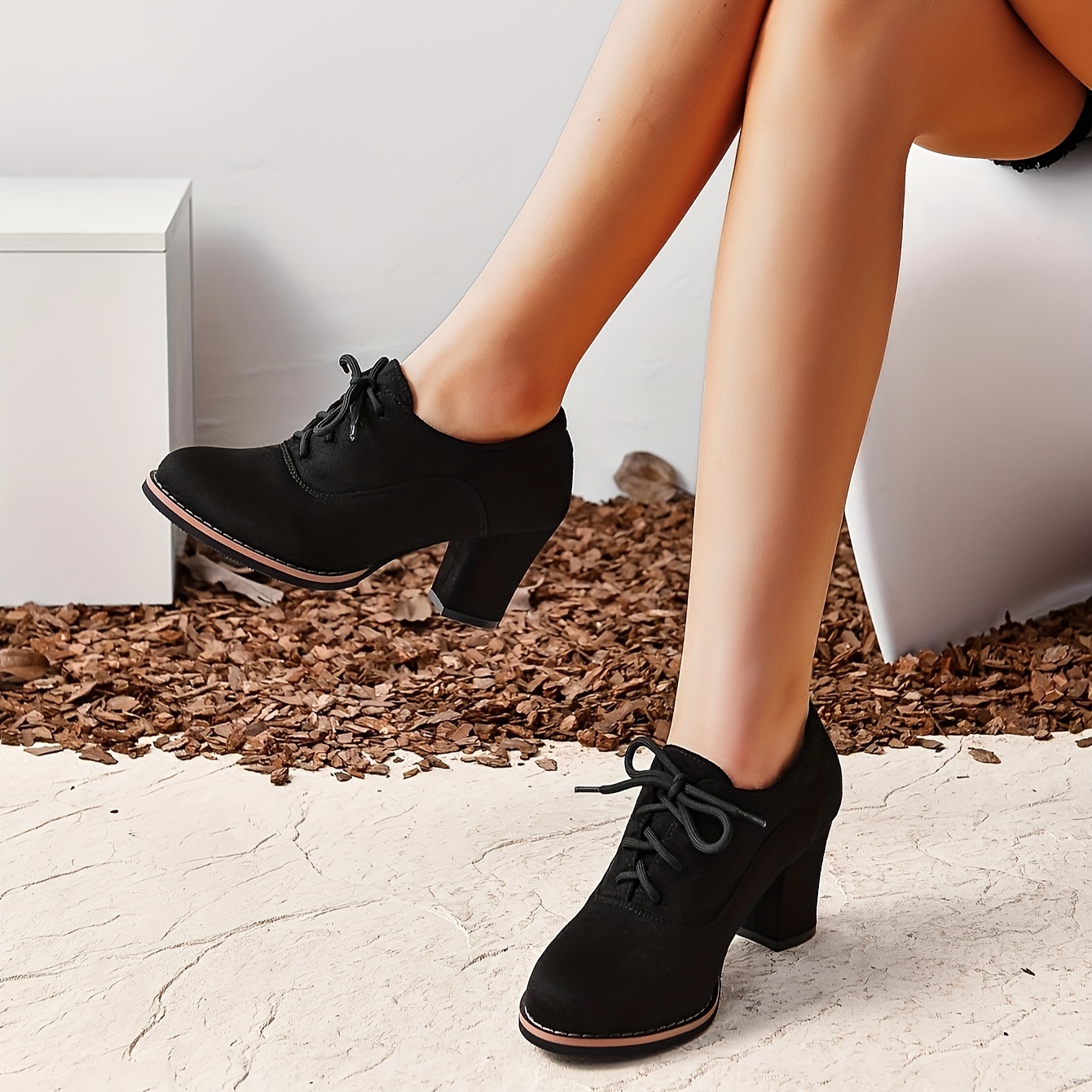 womens solid color trendy shoes lace up shallow mouth chunky heel casual shoes versatile round toe shoes details 3