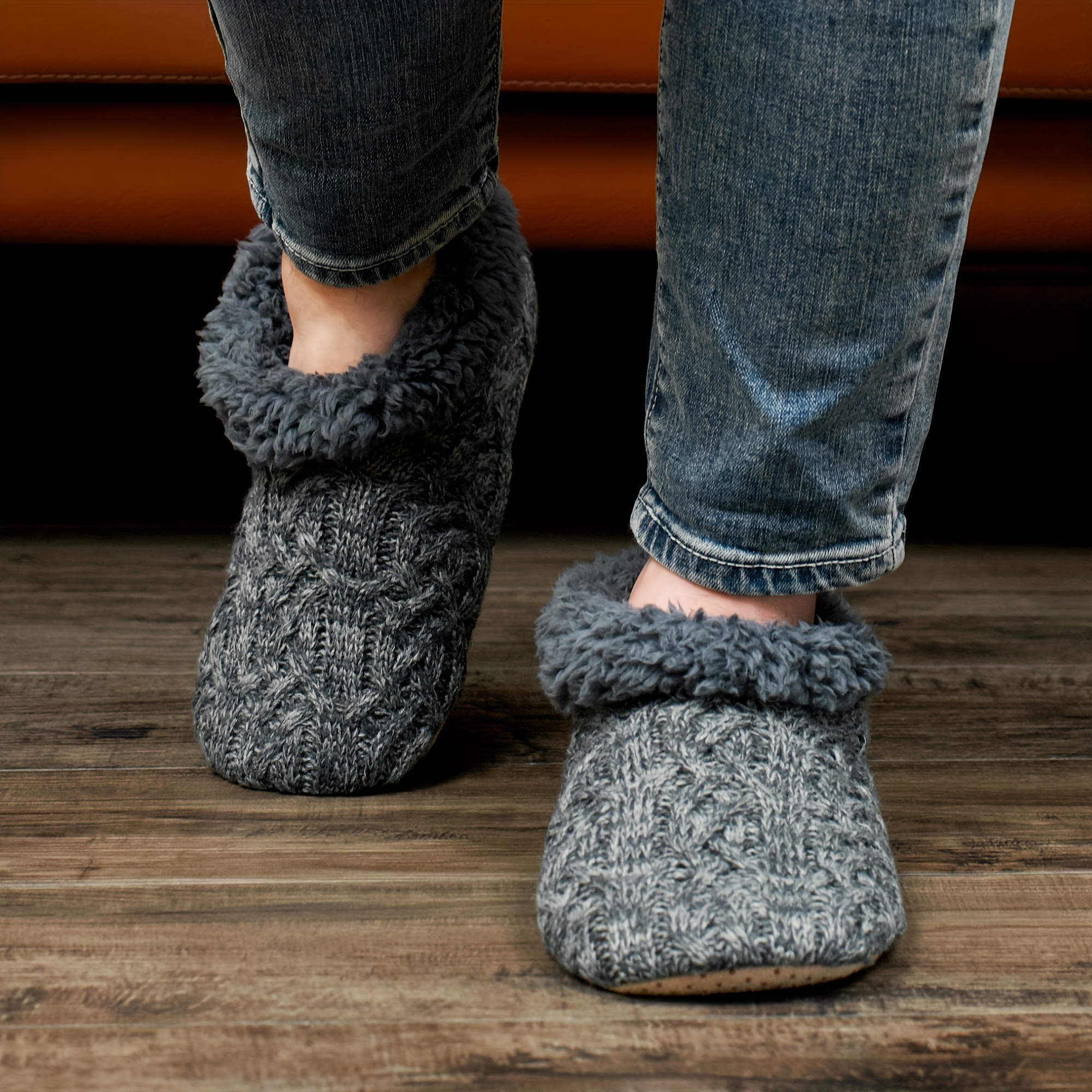 mens knit fabric warm home slippers fuzz lined soft sole slip on indoor shoes mens bedroom slippers spring autumn and winter details 3