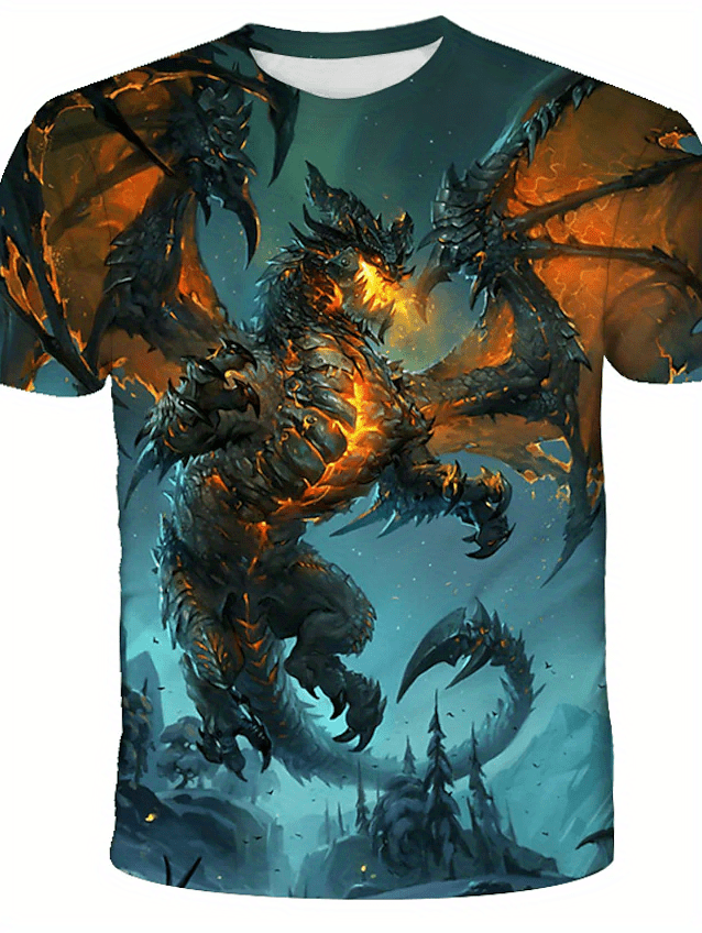dragon pattern graphic 3d print t shirt mens casual slightly stretch round neck t shirt for spring summer details 0