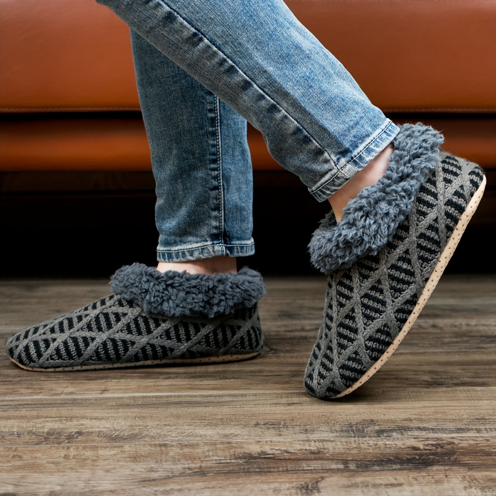 mens knit fabric warm home slippers fuzz lined soft sole slip on indoor shoes mens bedroom slippers spring autumn and winter details 5