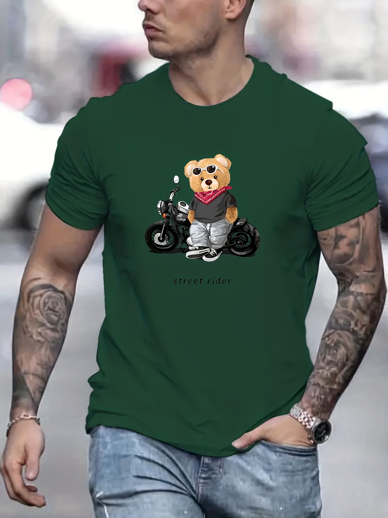 street rider toy bear pattern mens t shirt for summer outdoor mens trendy graphic crew neck tops details 5