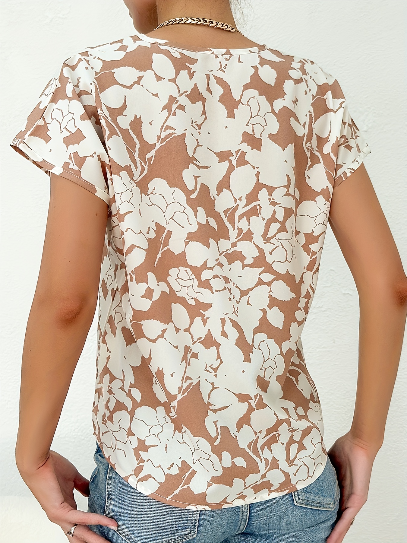 v neck floral print blouse casual short sleeve blouse for spring summer womens clothing details 12
