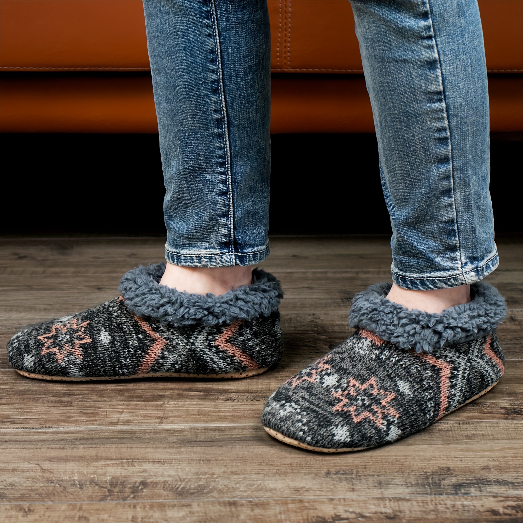 mens knit fabric warm home slippers fuzz lined soft sole slip on indoor shoes mens bedroom slippers spring autumn and winter details 7