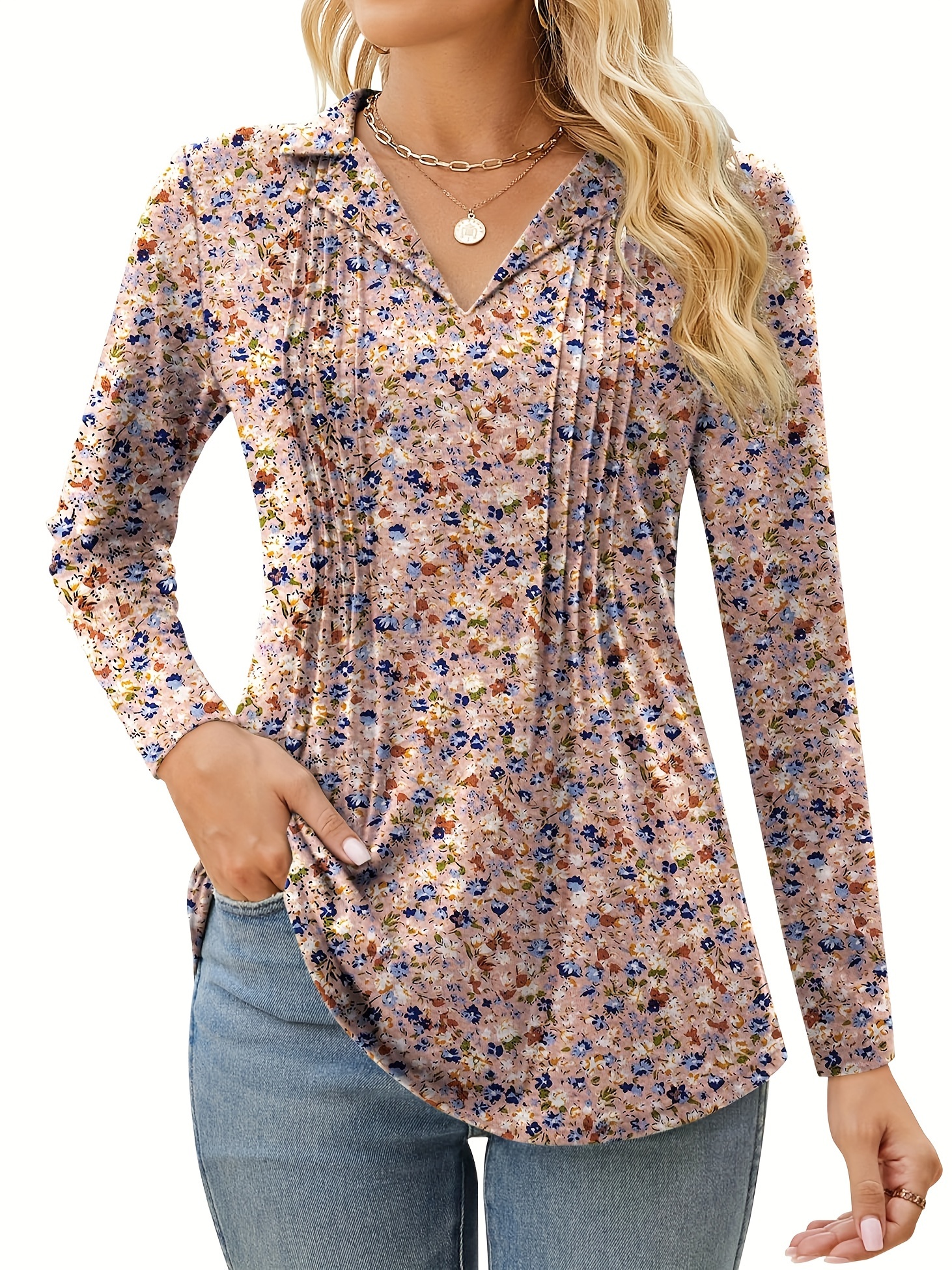allover print v neck lapel blouse vintage long sleeve blouse for spring fall womens clothing details 0