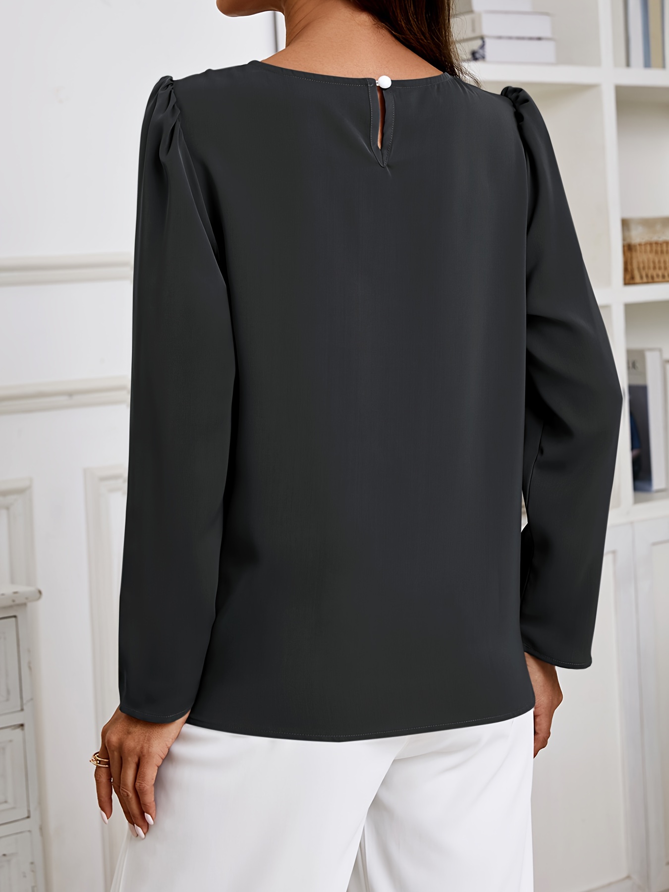 solid crew neck ruched blouse elegant long sleeve blouse for spring fall womens clothing details 45