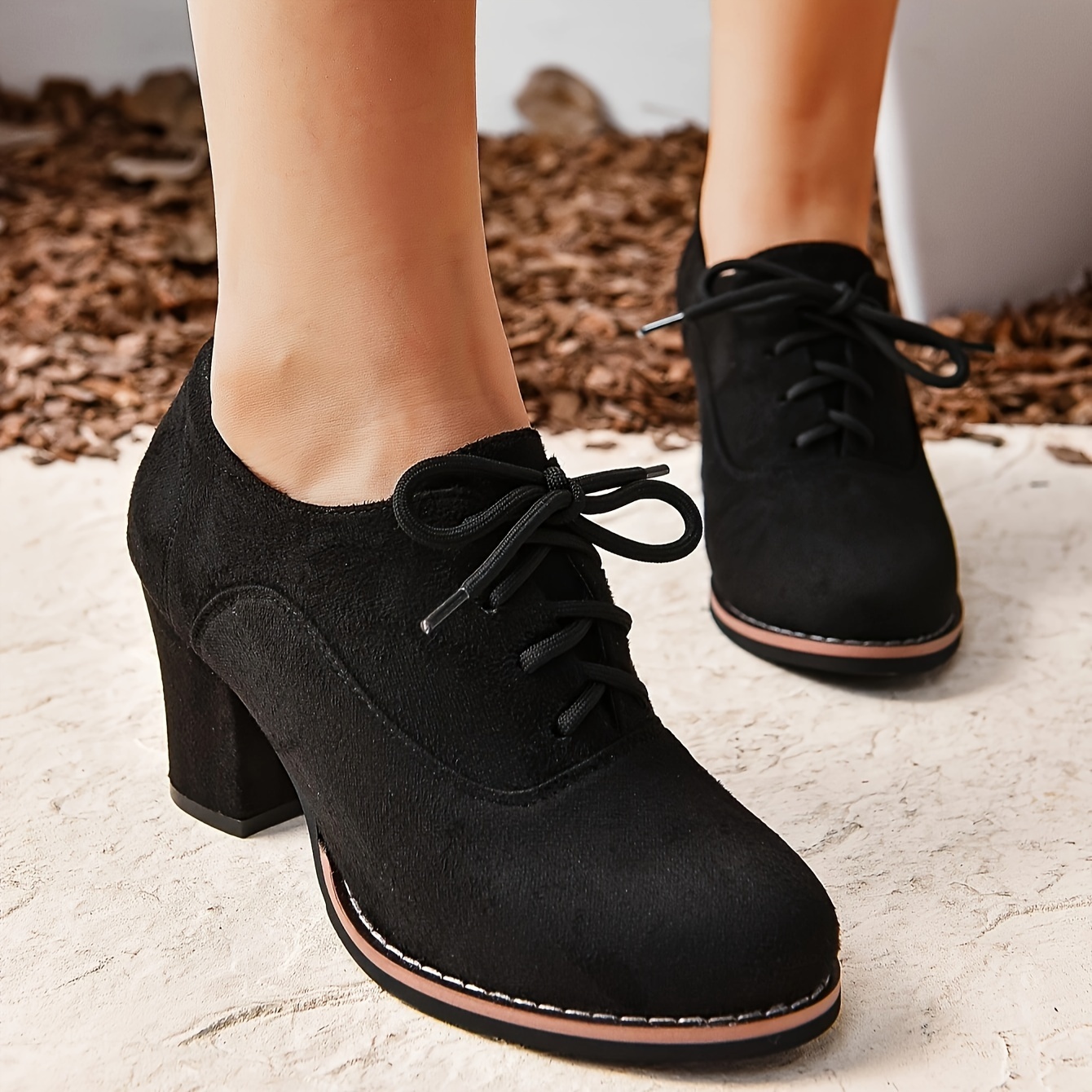 womens solid color trendy shoes lace up shallow mouth chunky heel casual shoes versatile round toe shoes details 2
