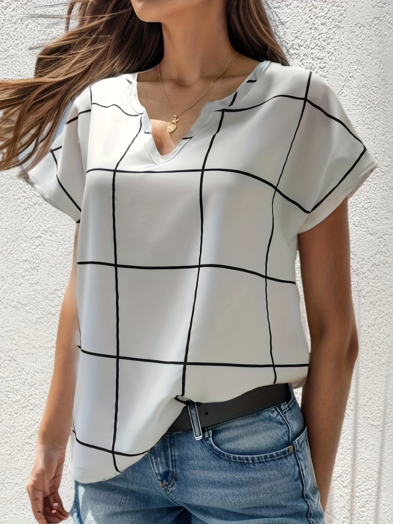 plaid notched neck blouse casual short sleeve blouse for spring summer womens clothing details 35
