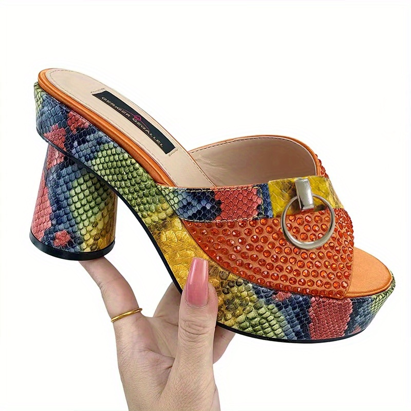 womens snakeskin rhinestone pattern sandasl slip on peep toe platform chunky heel shoes summer casual party shoes details 0