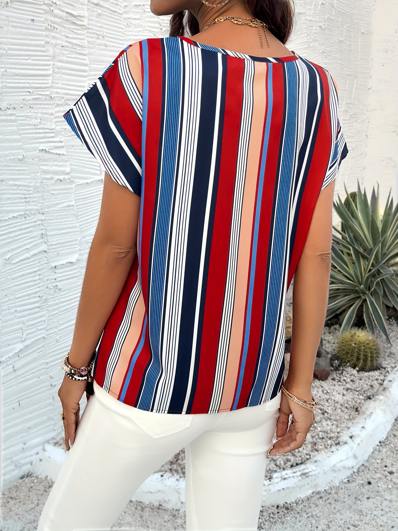 colorful striped blouse elegant crew neck short sleeve comfy blouse womens clothing details 19
