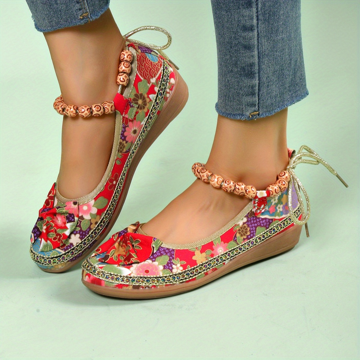 womens fashion bowknot decor linen flat shoes colorful beaded strap slip on wedge shoes ethnic style shoes details 8