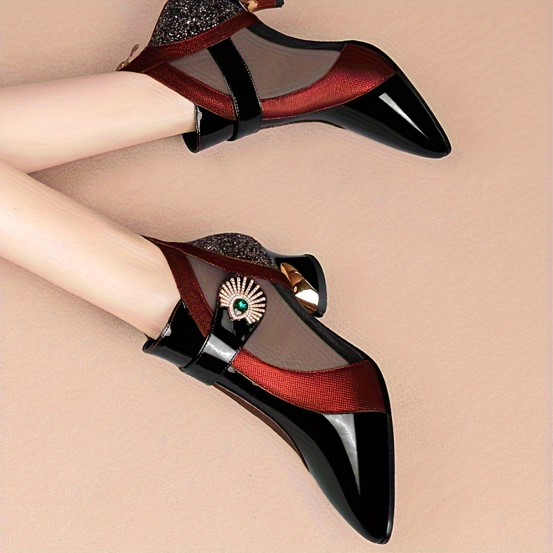 womens colorblock trendy mesh shoes rhinestone buckle casual chunky heel sequins shoes point toe versatile slim boots for carnaval details 3
