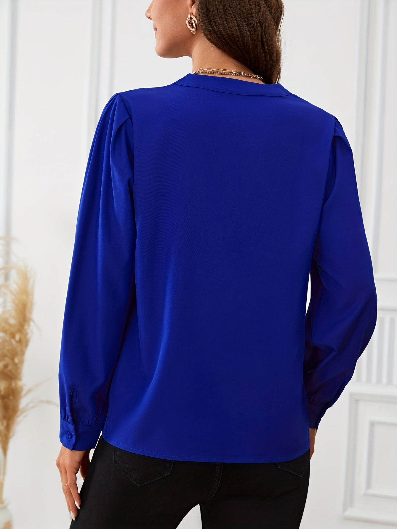 solid notched neck blouse elegant lantern sleeve blouse for spring fall womens clothing details 1