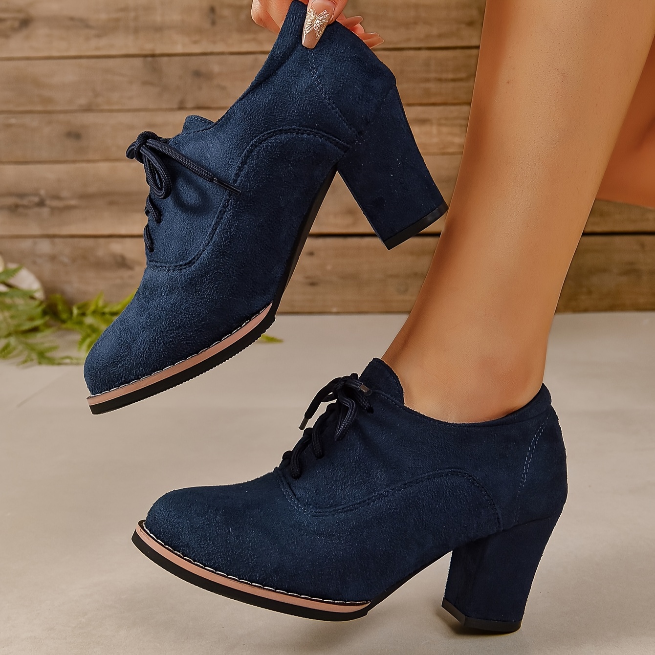 womens solid color trendy shoes lace up shallow mouth chunky heel casual shoes versatile round toe shoes details 5