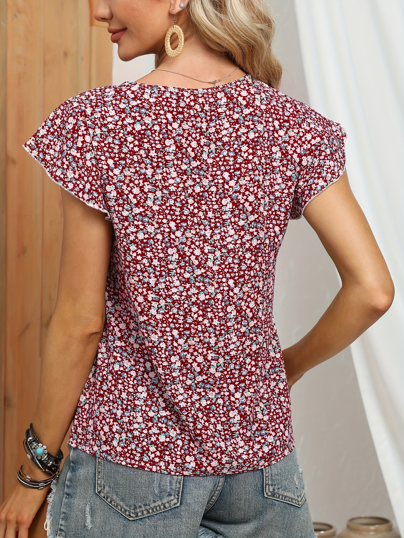 floral print crew neck blouse casual ruffle sleeve blouse for spring summer womens clothing details 26