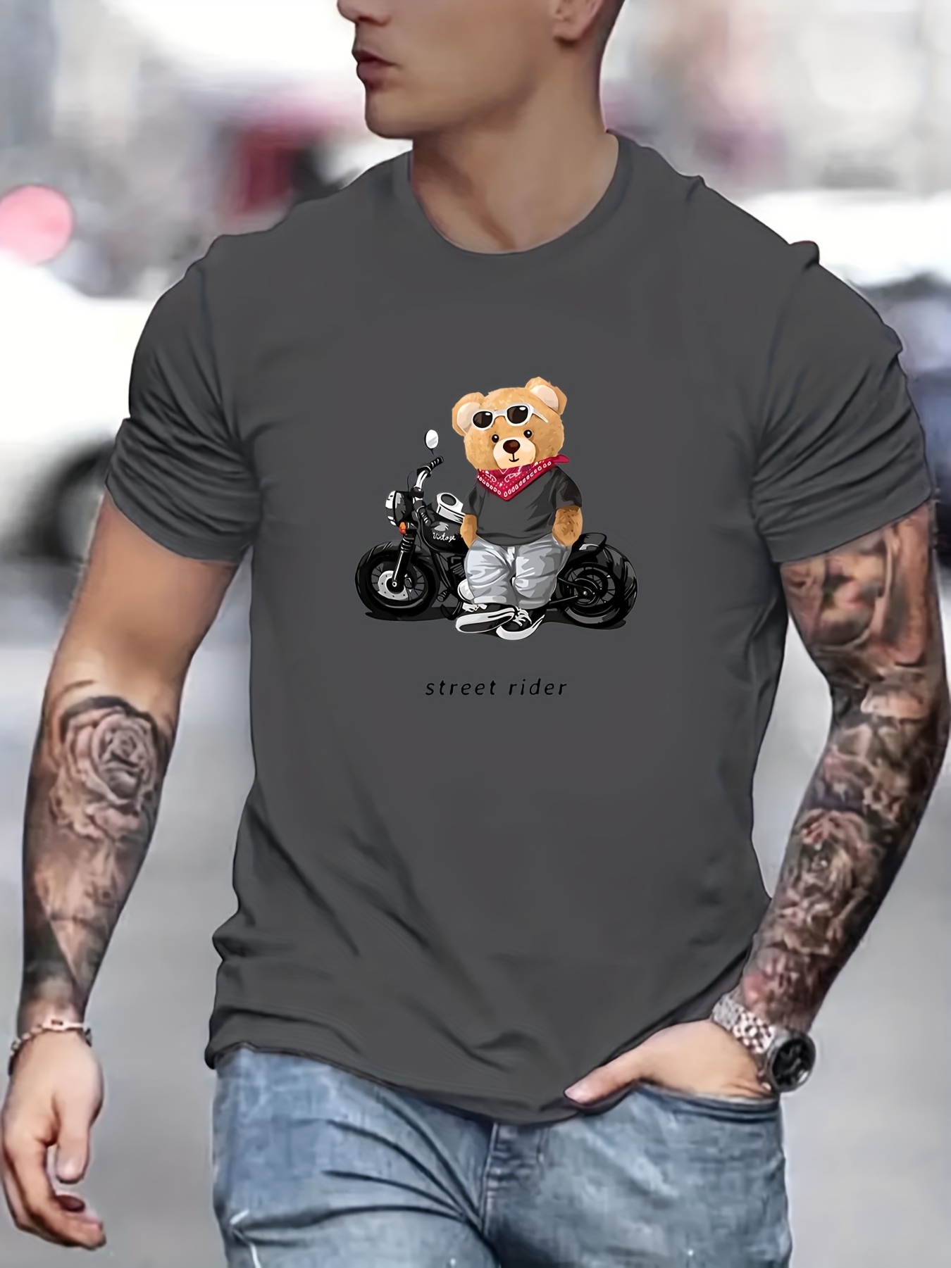 street rider toy bear pattern mens t shirt for summer outdoor mens trendy graphic crew neck tops details 10