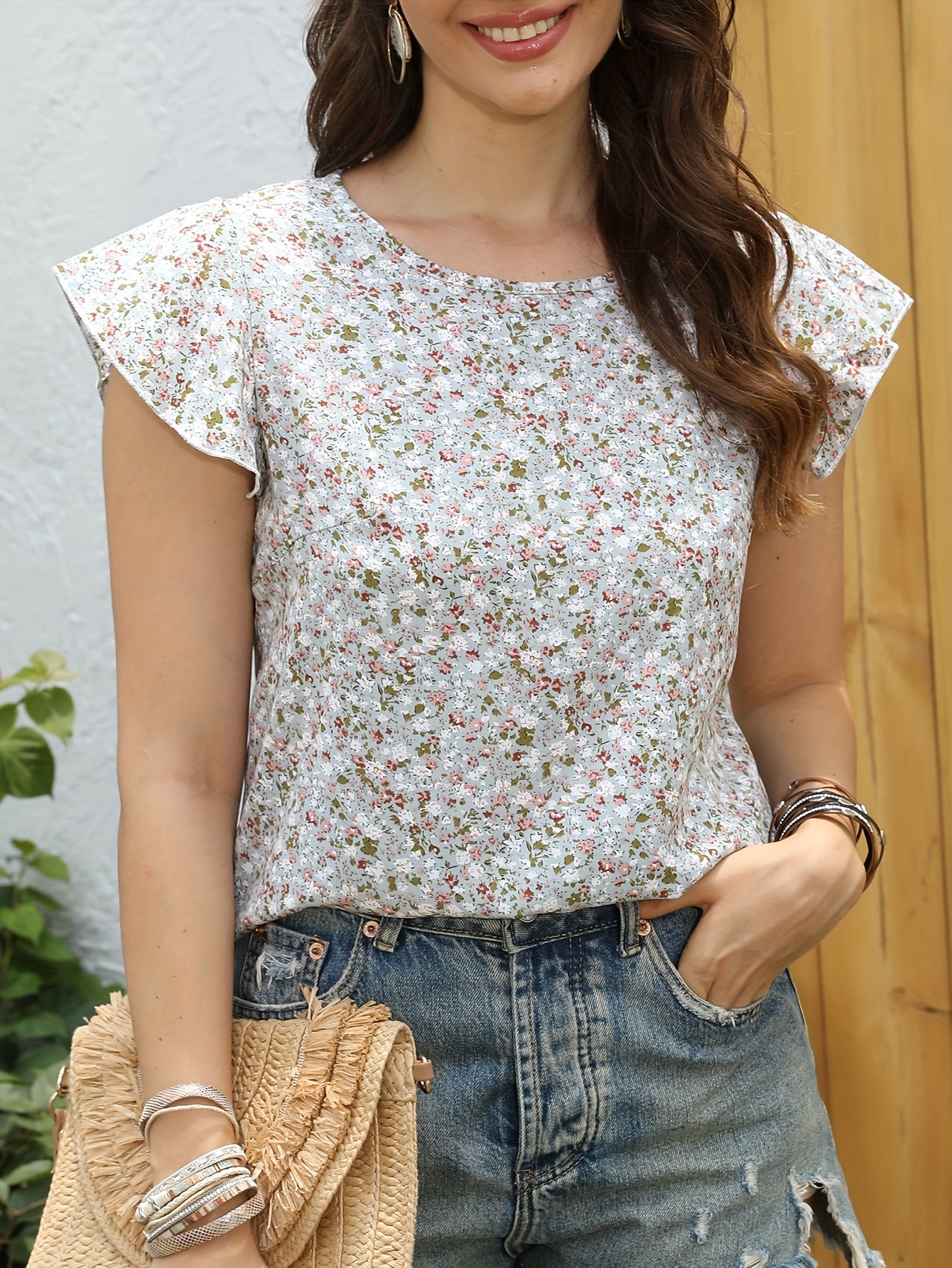 ditsy floral print blouse casual crew neck ruffle sleeve blouse womens clothing details 6
