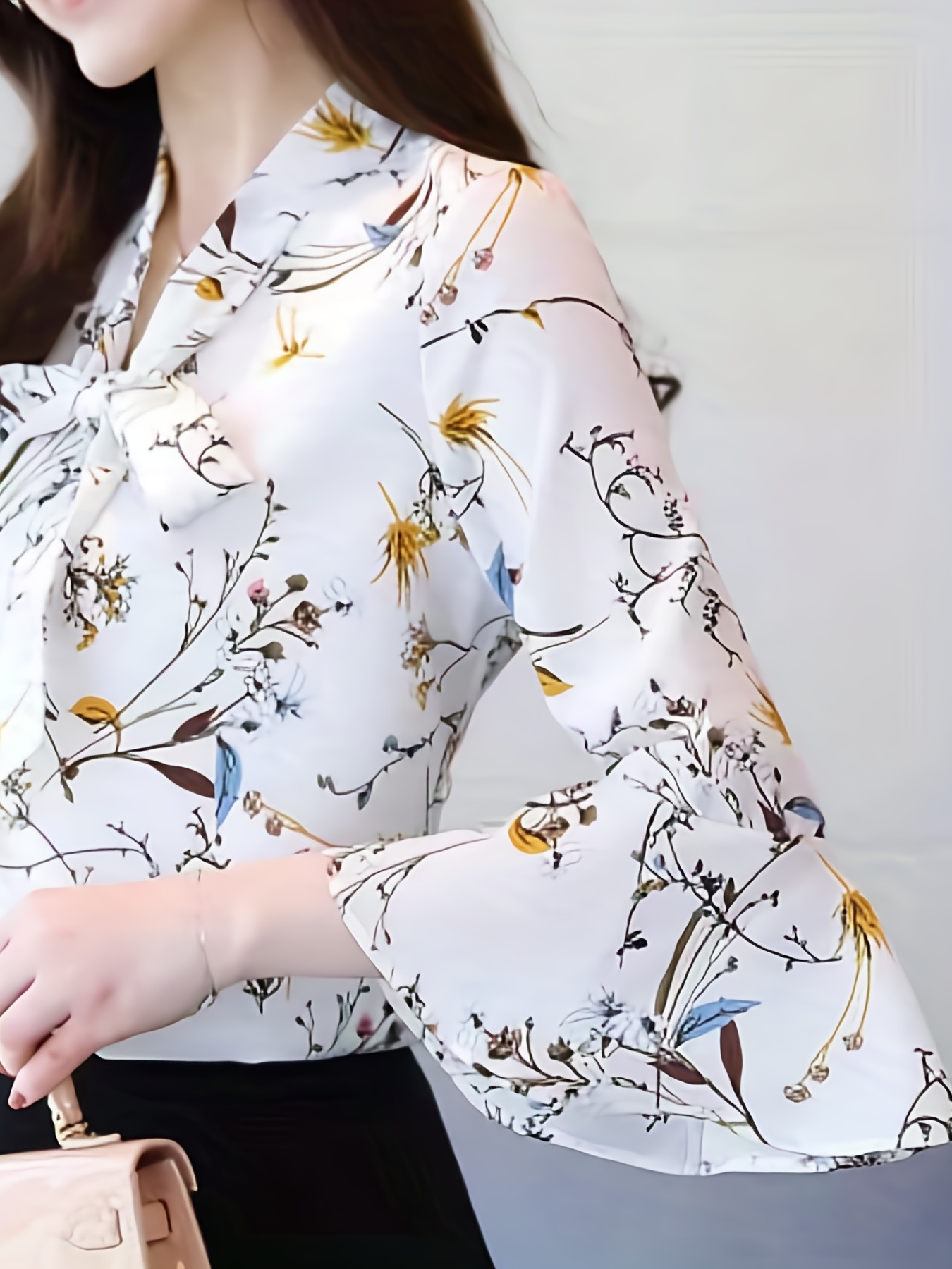 floral print tie neck blouse elegant flared sleeve work blouse womens clothing details 4