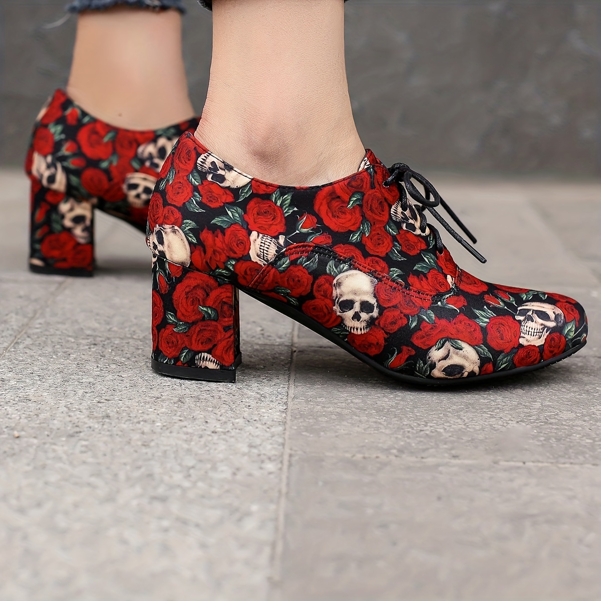 womens skull rose pattern chunky heels fashion lace up outdoor pumps halloween round toe heels details 4