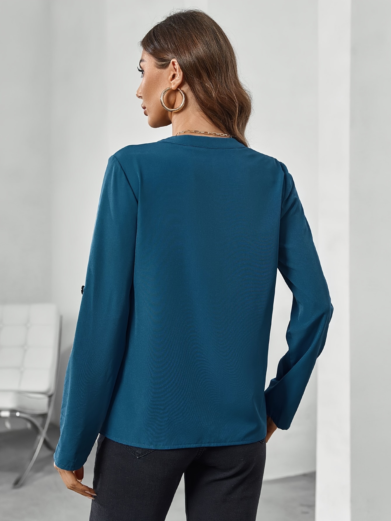 notched neck solid blouse elegant solid rollable sleeve blouse womens clothing details 9