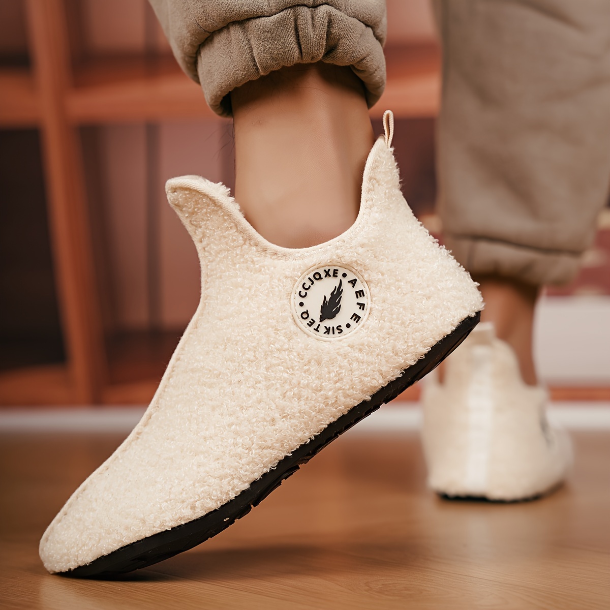 mens plush casual home slippers fuzz lined casual lightweight anti skid slip on shoes for indoor walking autumn and winter details 1