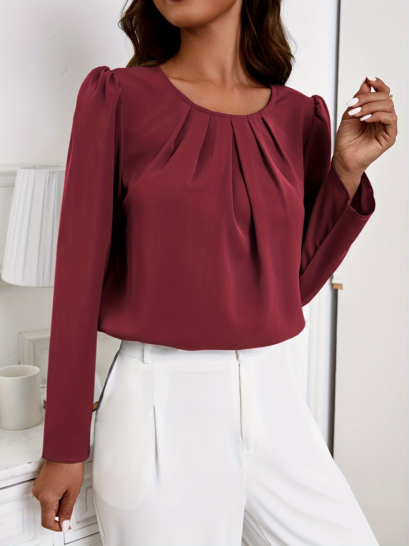 solid crew neck ruched blouse elegant long sleeve blouse for spring fall womens clothing details 7