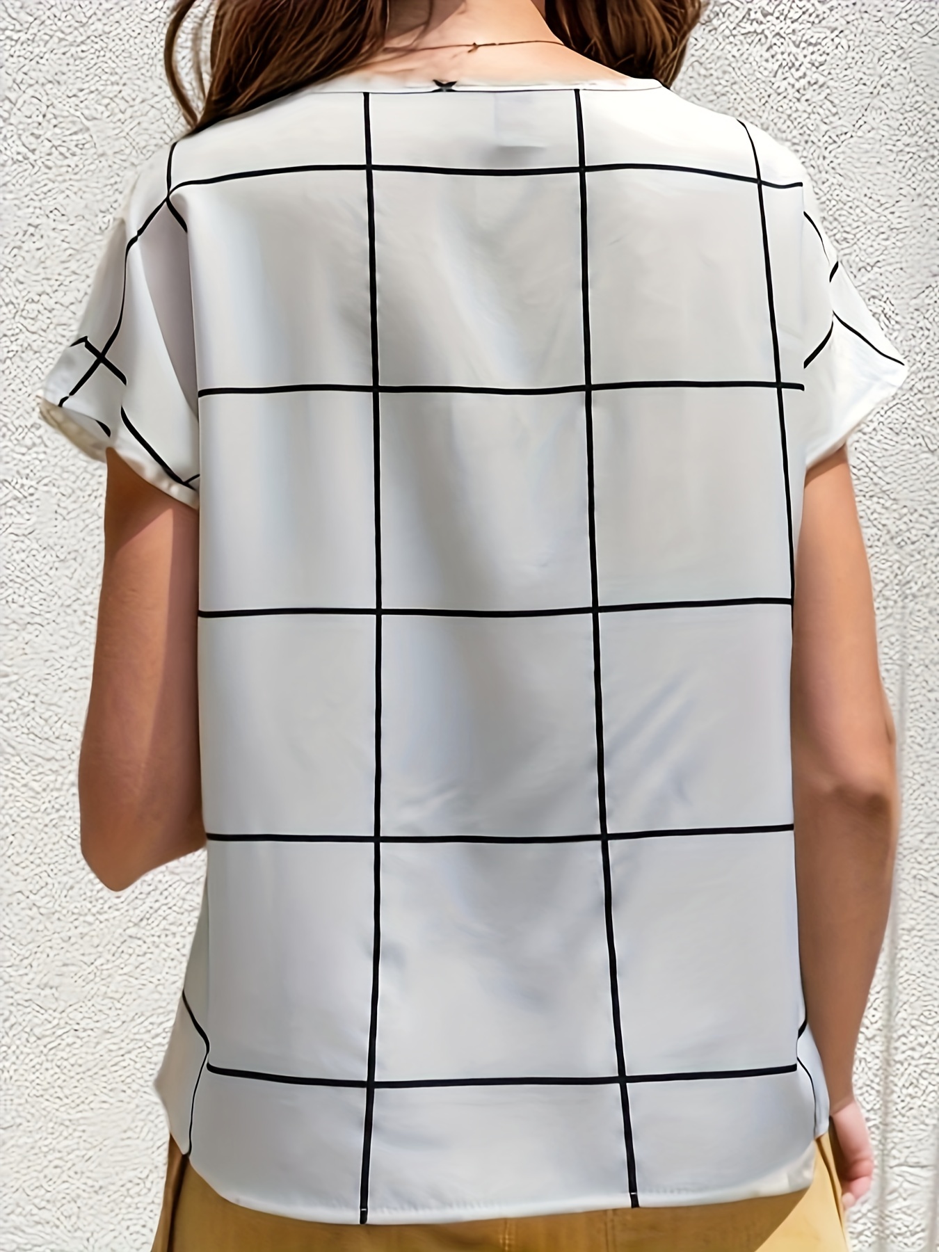 plaid notched neck blouse casual short sleeve blouse for spring summer womens clothing details 36