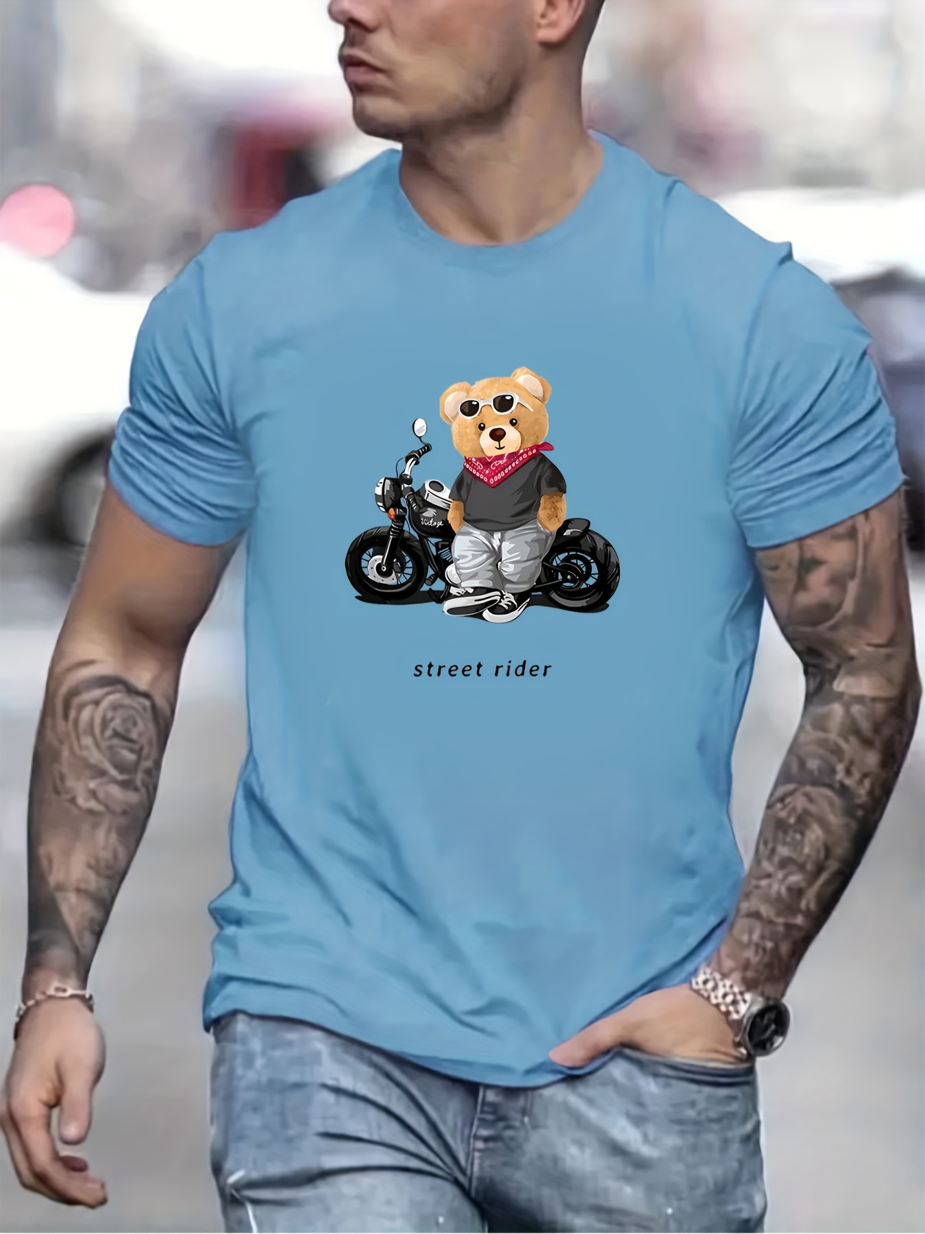 street rider toy bear pattern mens t shirt for summer outdoor mens trendy graphic crew neck tops details 0