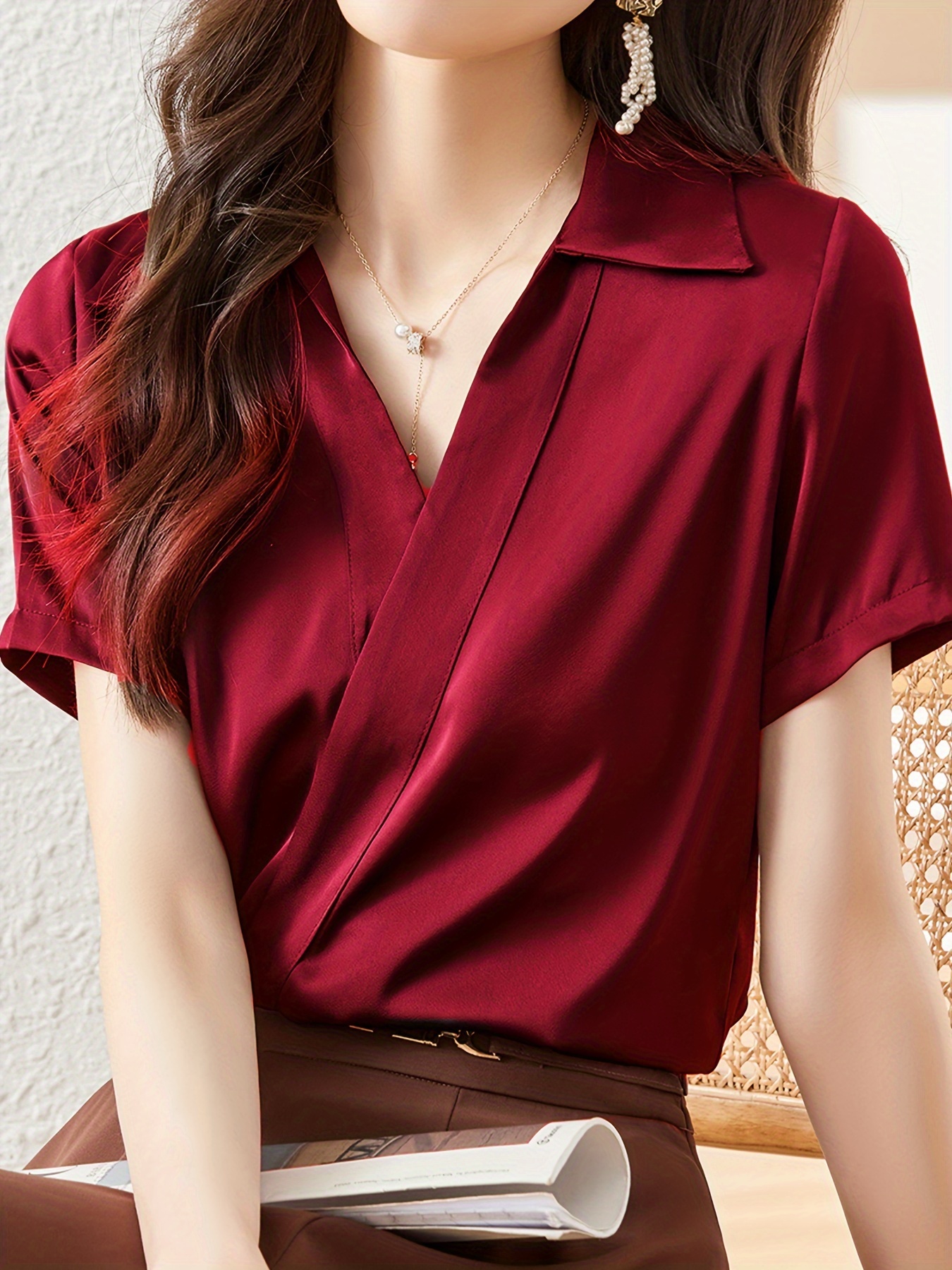 solid v neck simple blouse elegant short sleeve blouse for spring summer womens clothing details 17