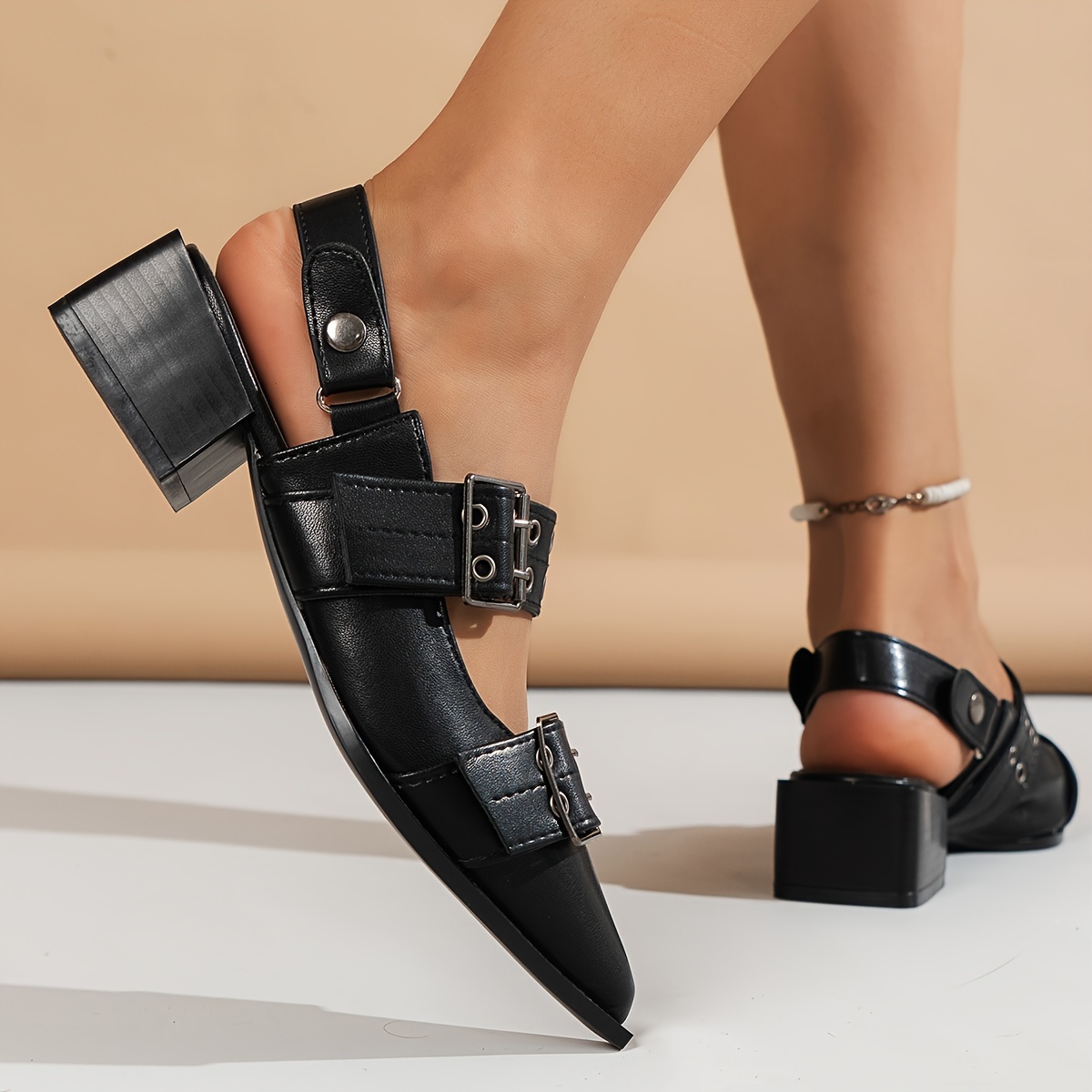 womens solid color trendy sandals buckle decor strap casual chunky heel slides shoes point toe summer comfy shoes details 7
