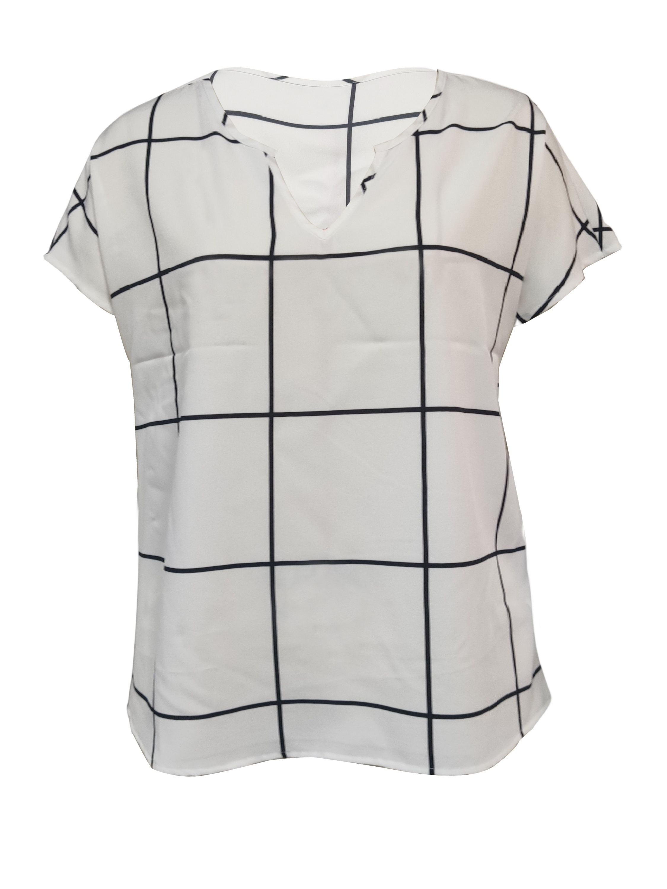 plaid notched neck blouse casual short sleeve blouse for spring summer womens clothing details 37