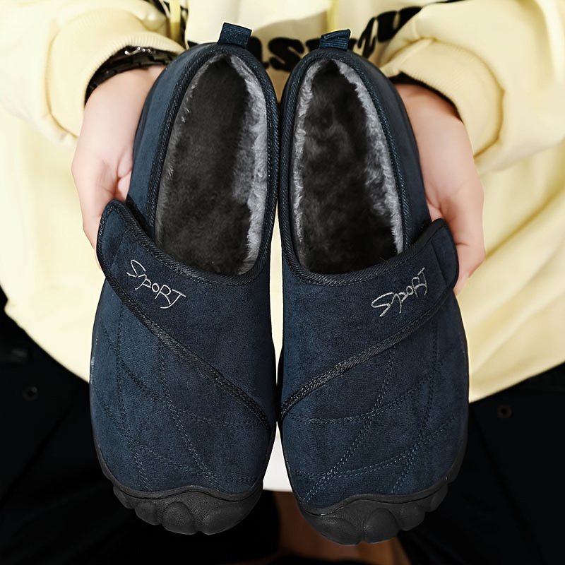 mens solid home slippers with lined fuzz breathable non slip comfy shoes with hook loop fastener for indoor outdoor walking autumn and winter details 0