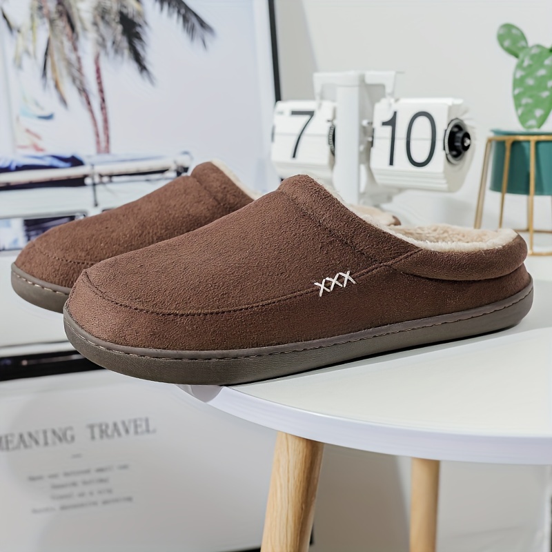 plus size mens solid cozy house slippers lightweight breathable anti skid fuzz lined slip on shoes for indoor walking autumn and winter details 4
