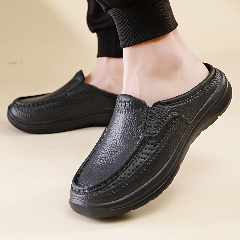 mens faux leather stylish solid backless shoes wear resistant anti skid slip on casual slippers for outdoor walking spring and autumn details 5