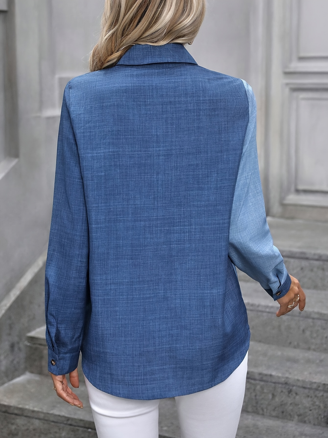 color block button front shirt elegant long sleeve lapel collar shirt womens clothing details 0