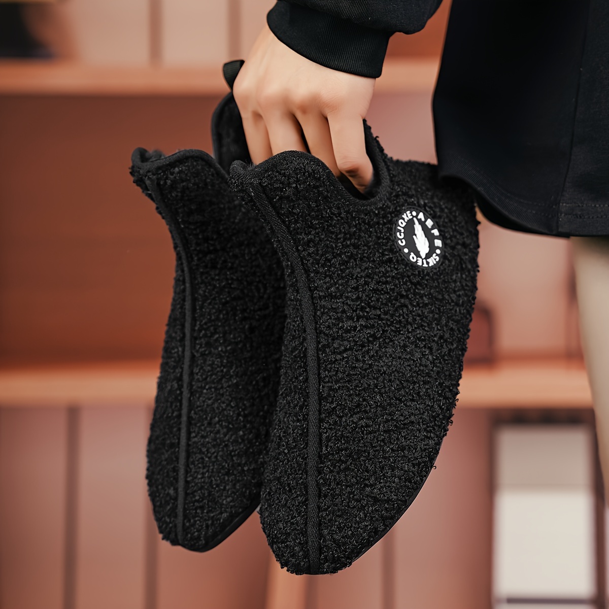 mens plush casual home slippers fuzz lined casual lightweight anti skid slip on shoes for indoor walking autumn and winter details 4
