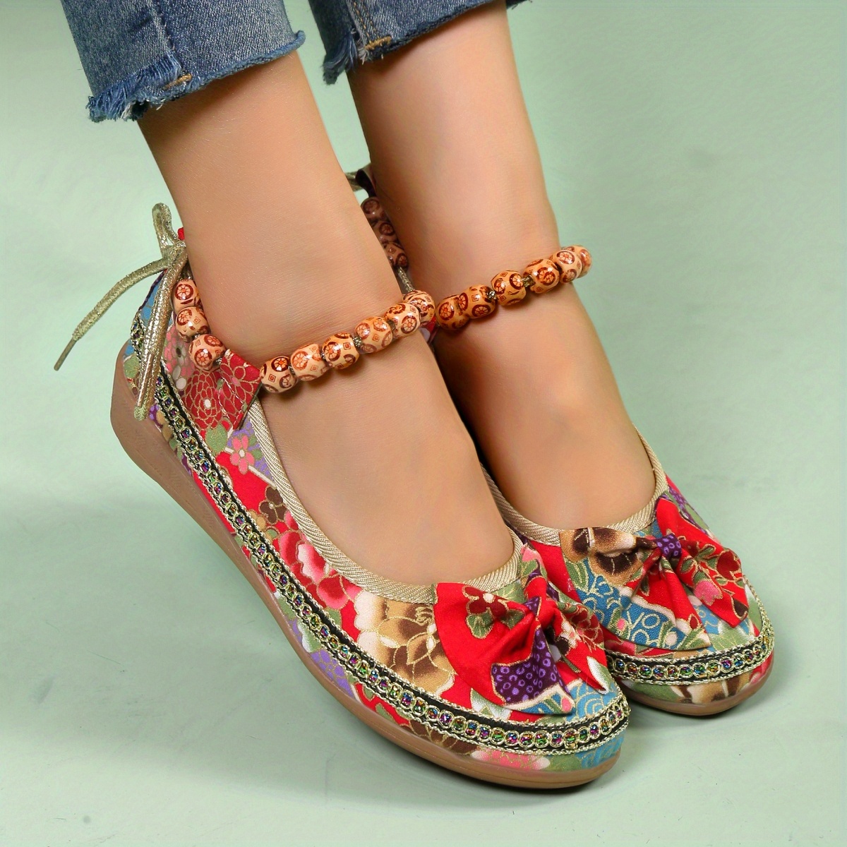 womens fashion bowknot decor linen flat shoes colorful beaded strap slip on wedge shoes ethnic style shoes details 6