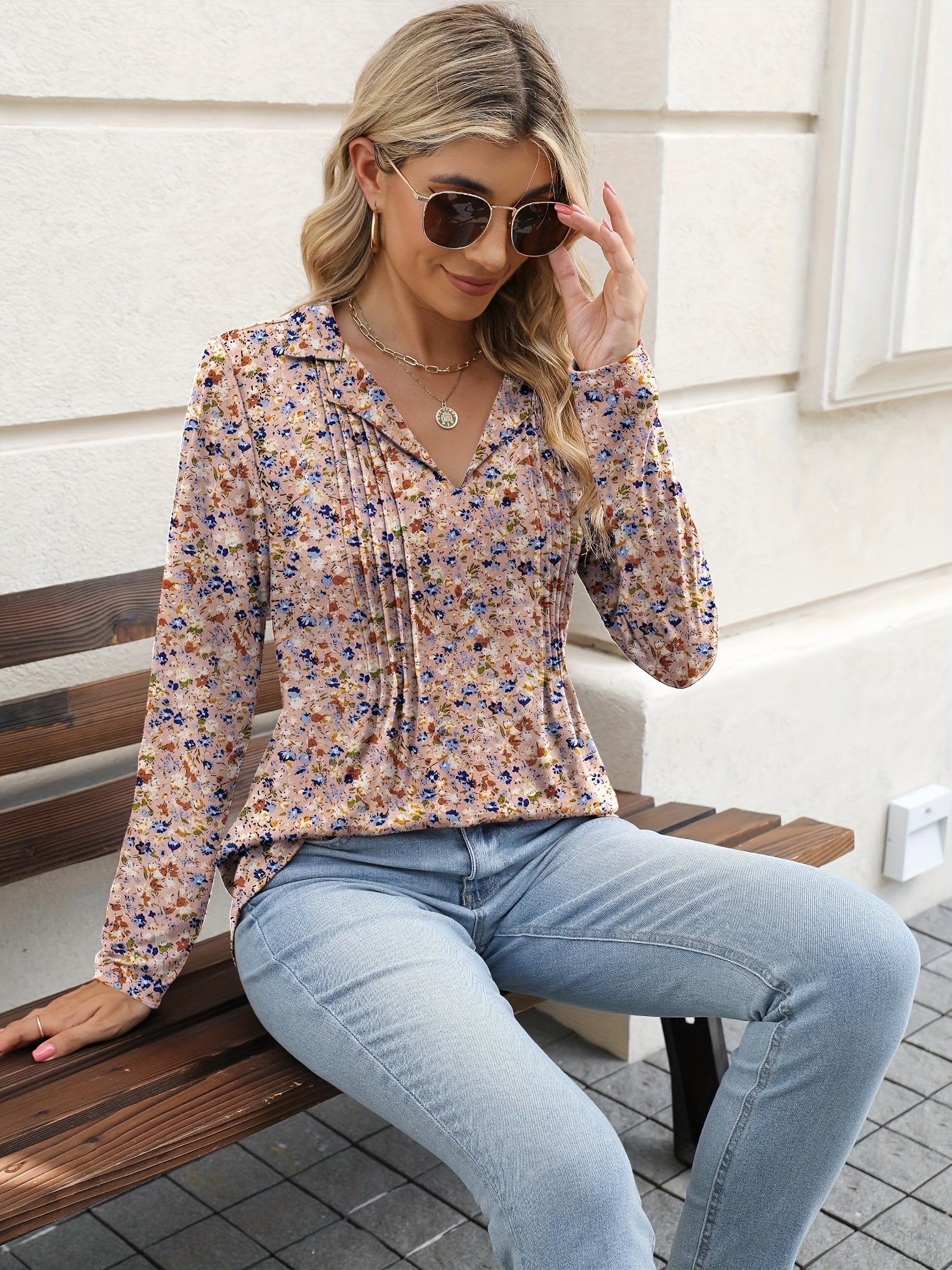 allover print v neck lapel blouse vintage long sleeve blouse for spring fall womens clothing details 2