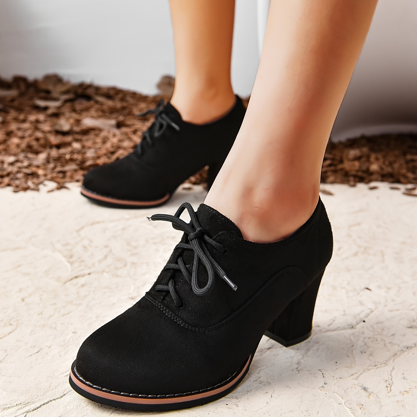 womens solid color trendy shoes lace up shallow mouth chunky heel casual shoes versatile round toe shoes details 0