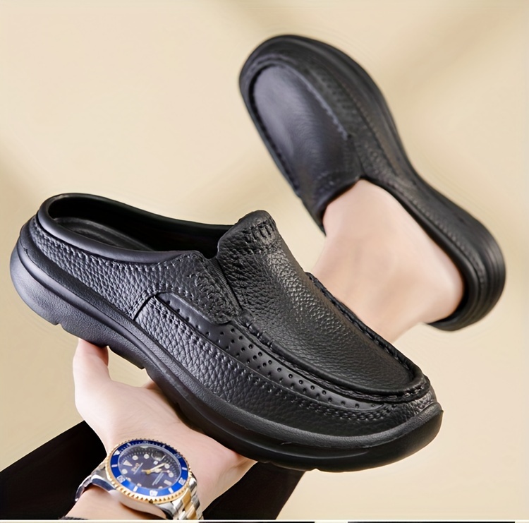 mens faux leather stylish solid backless shoes wear resistant anti skid slip on casual slippers for outdoor walking spring and autumn details 2
