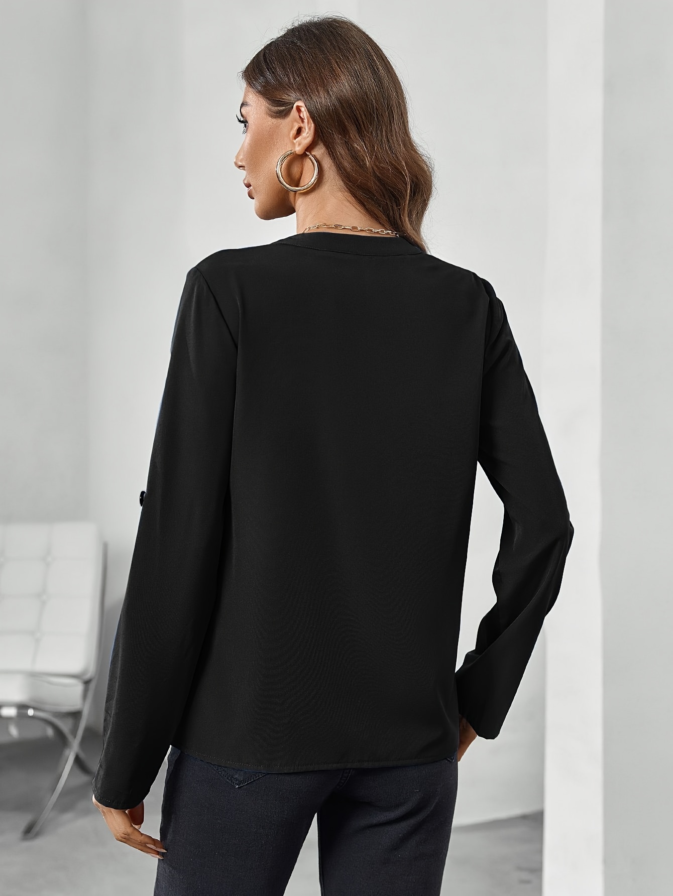notched neck solid blouse elegant solid rollable sleeve blouse womens clothing details 3