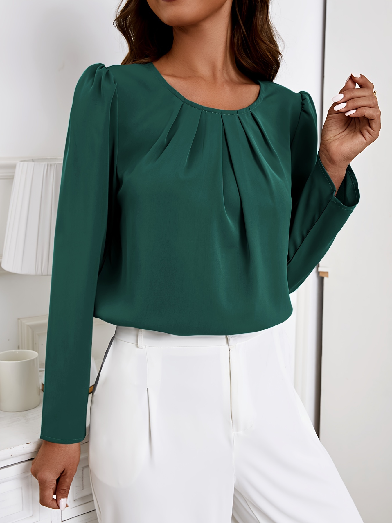 solid crew neck ruched blouse elegant long sleeve blouse for spring fall womens clothing details 17