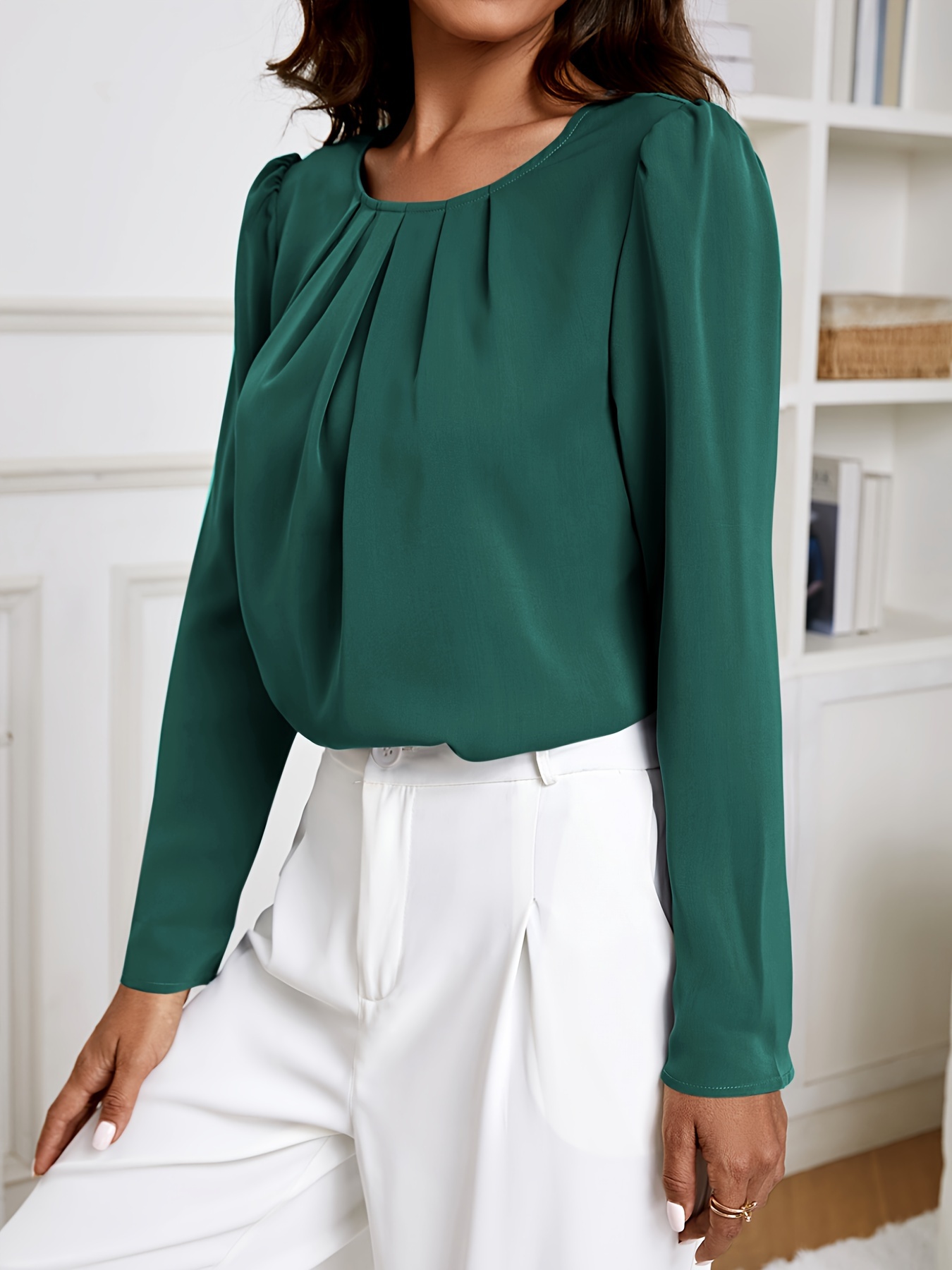 solid crew neck ruched blouse elegant long sleeve blouse for spring fall womens clothing details 14