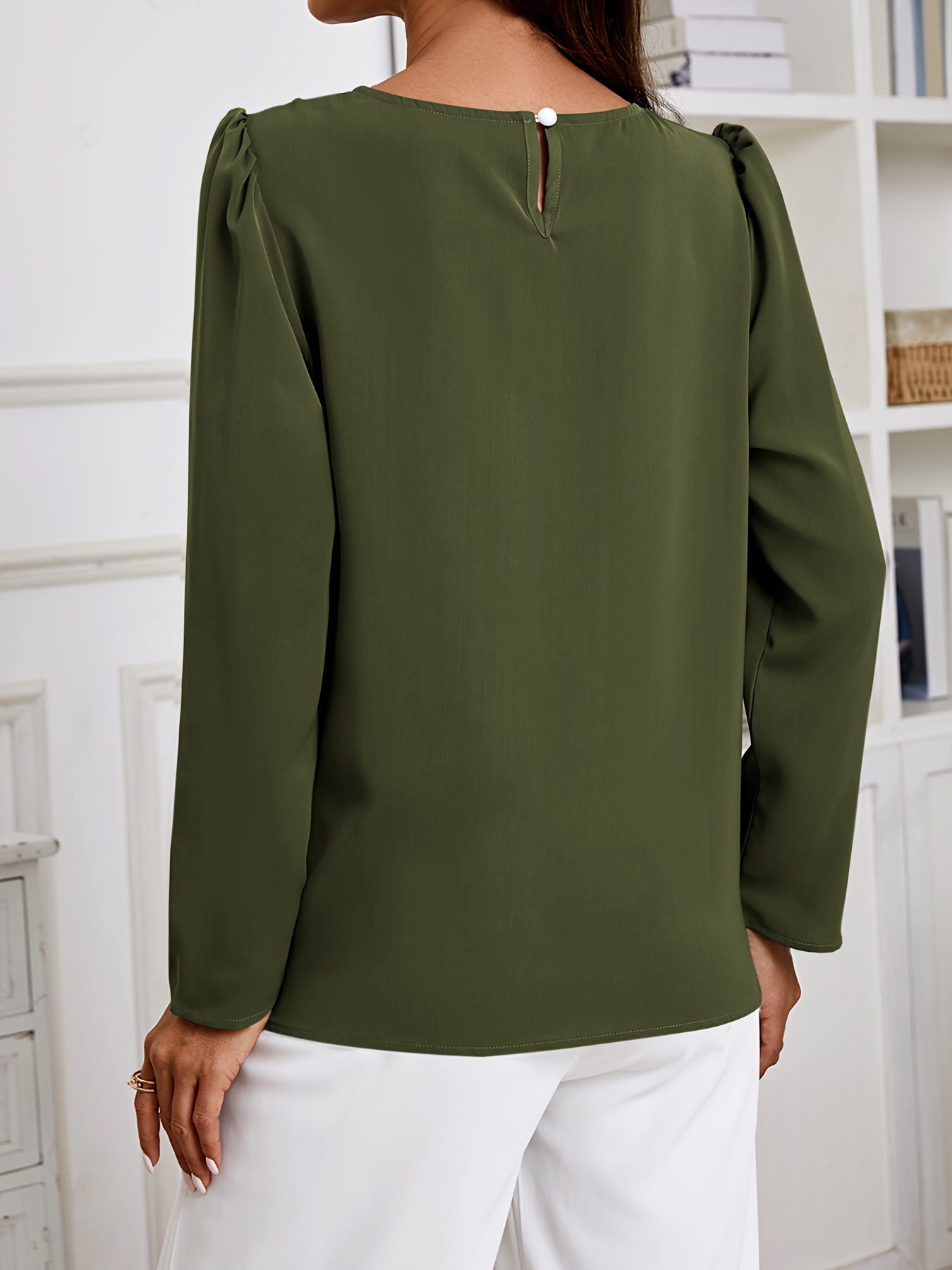 solid crew neck ruched blouse elegant long sleeve blouse for spring fall womens clothing details 27