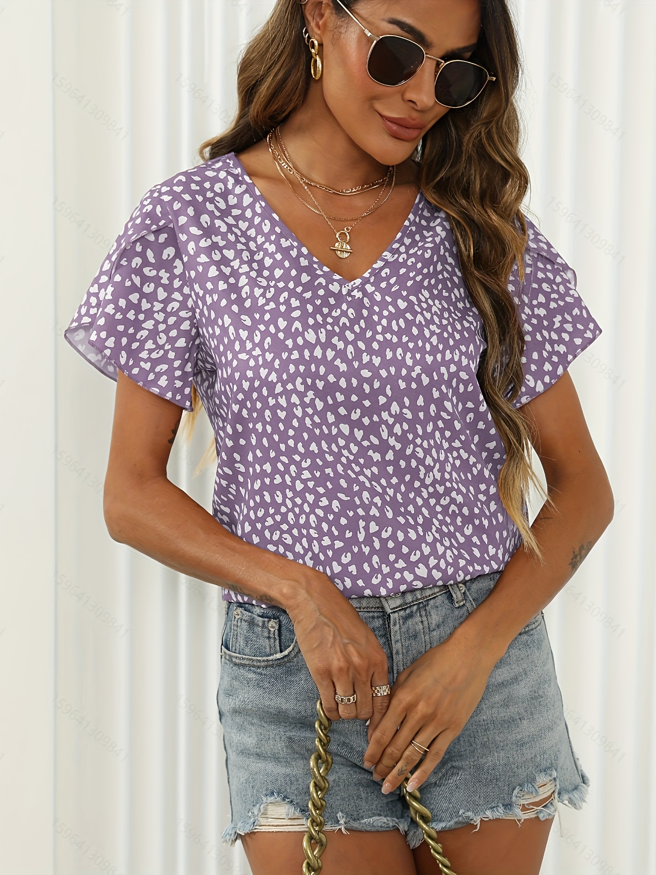 leopard print v neck blouse petal sleeve casual blouse for spring summer womens clothing details 5