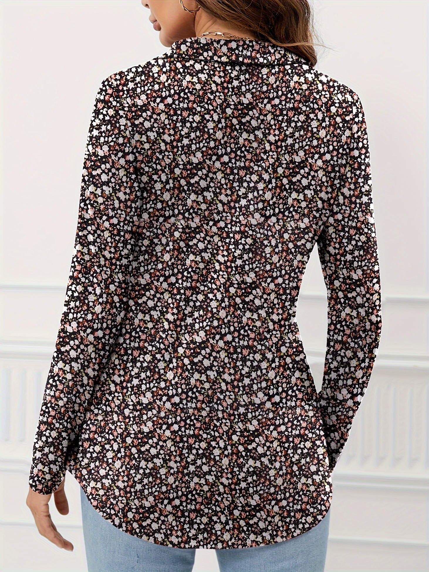allover print v neck lapel blouse vintage long sleeve blouse for spring fall womens clothing details 5