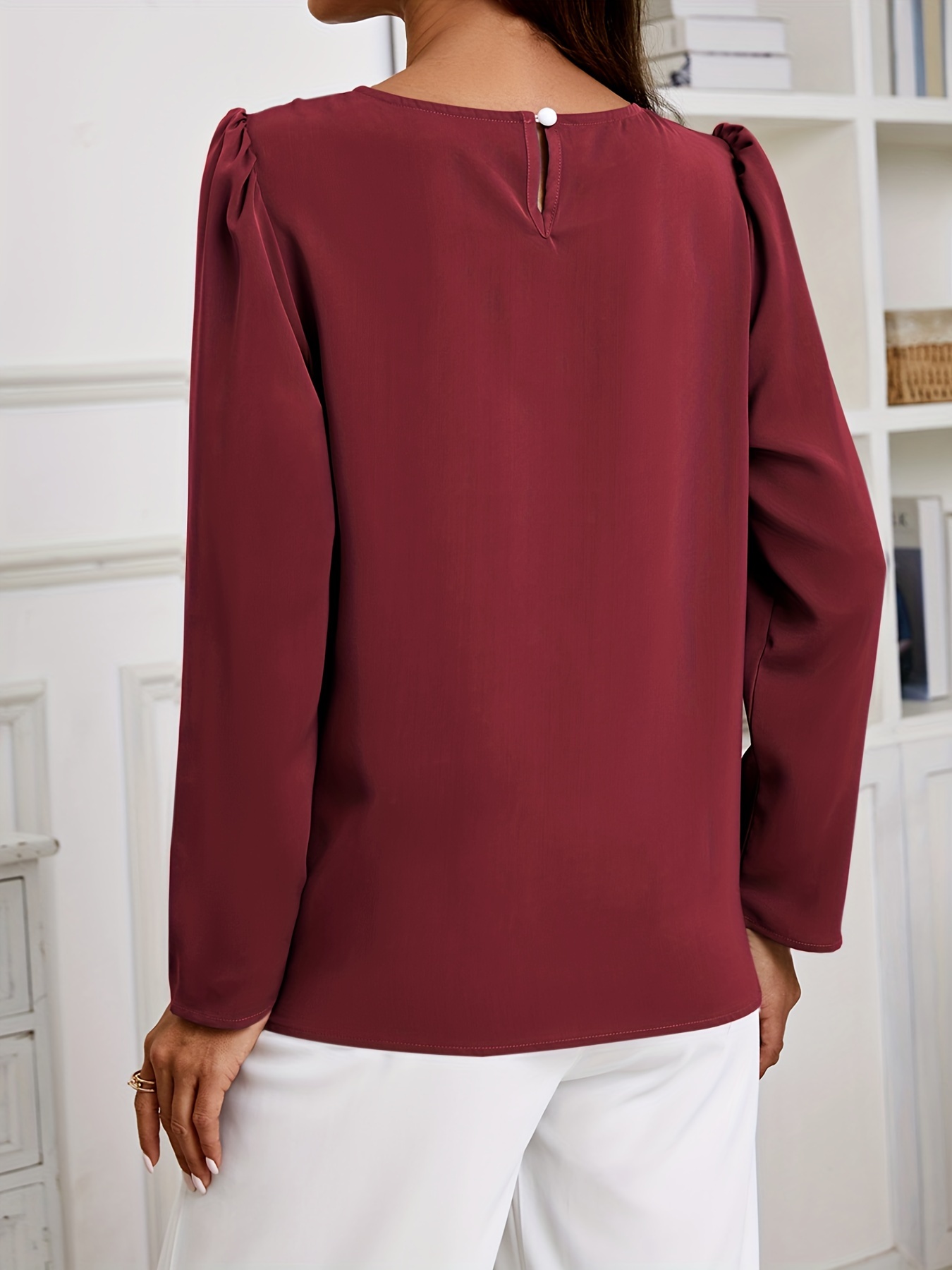 solid crew neck ruched blouse elegant long sleeve blouse for spring fall womens clothing details 11