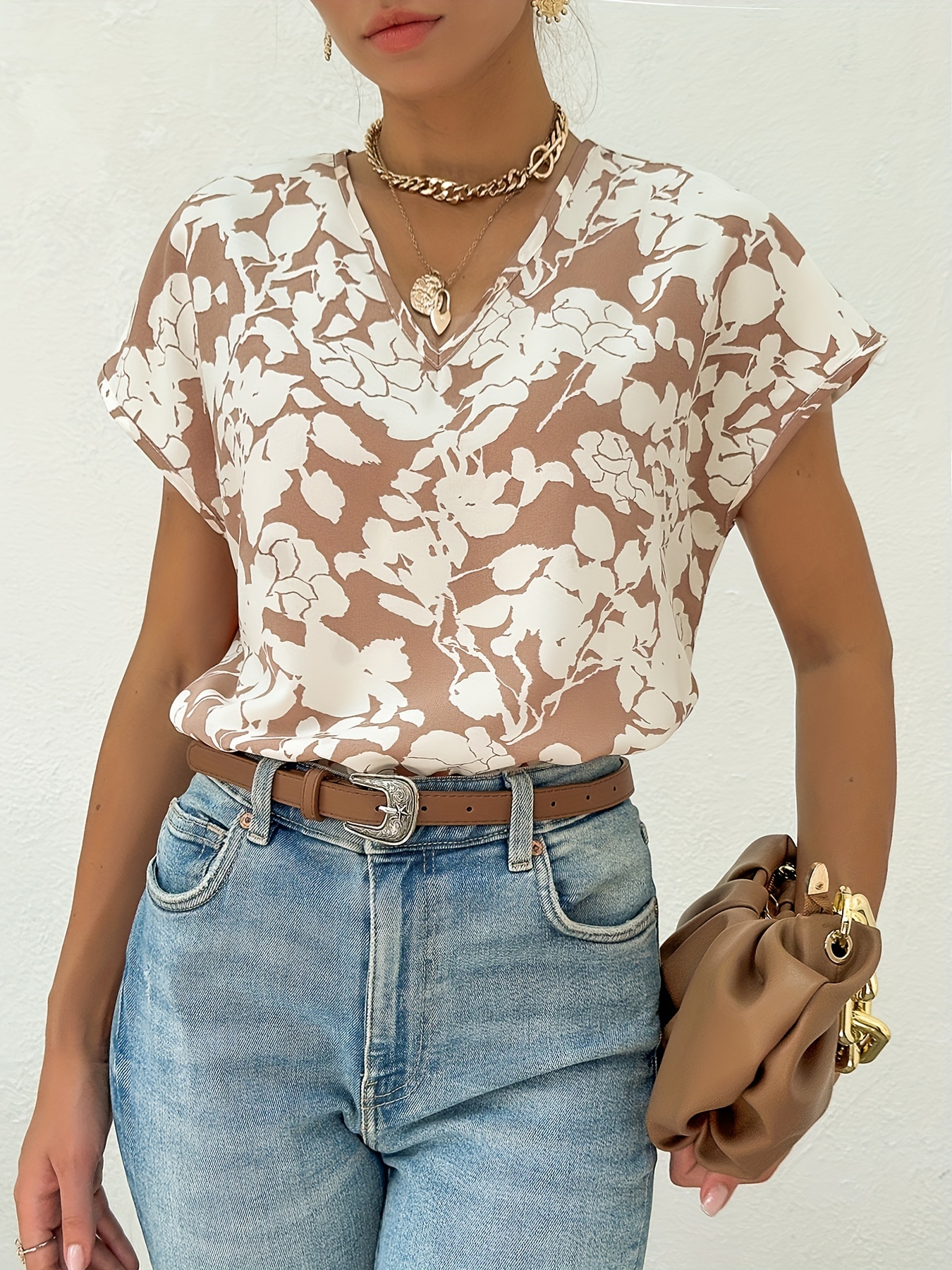 v neck floral print blouse casual short sleeve blouse for spring summer womens clothing details 10