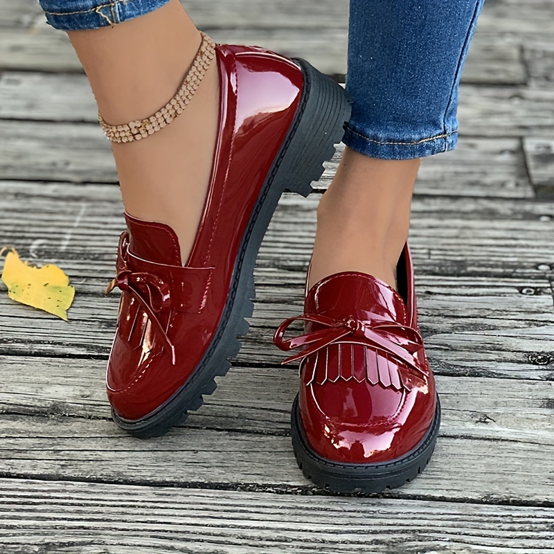 womens tassel bow loafers solid color round toe patent leather shoes all match slip on loafers details 3