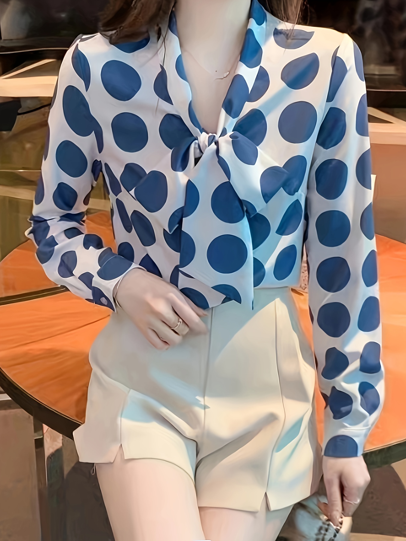 allover print tie neck blouse vintage long sleeve button front blouse for spring fall womens clothing details 3