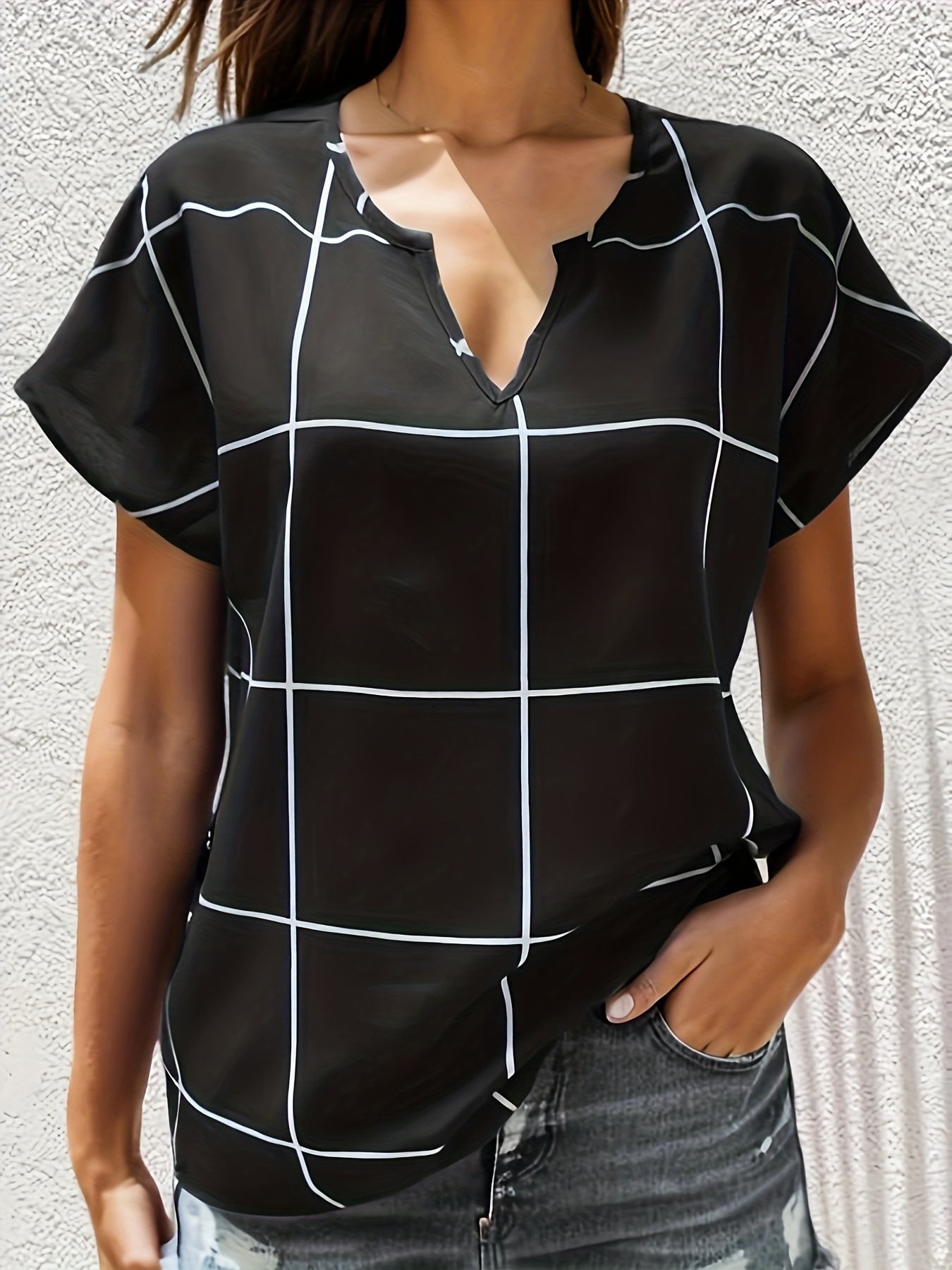 plaid notched neck blouse casual short sleeve blouse for spring summer womens clothing details 39